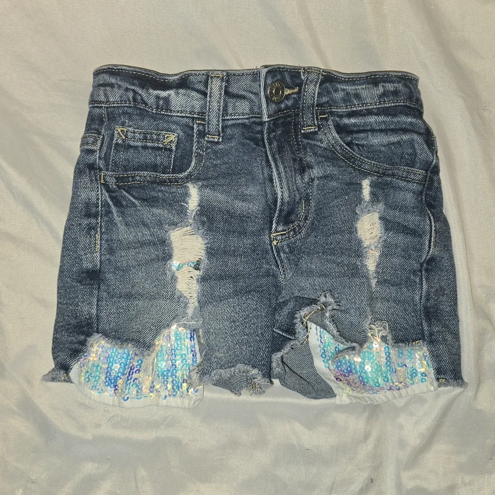 Justice Girl's Blue Distressed Denim Sequin Shorts Size 7